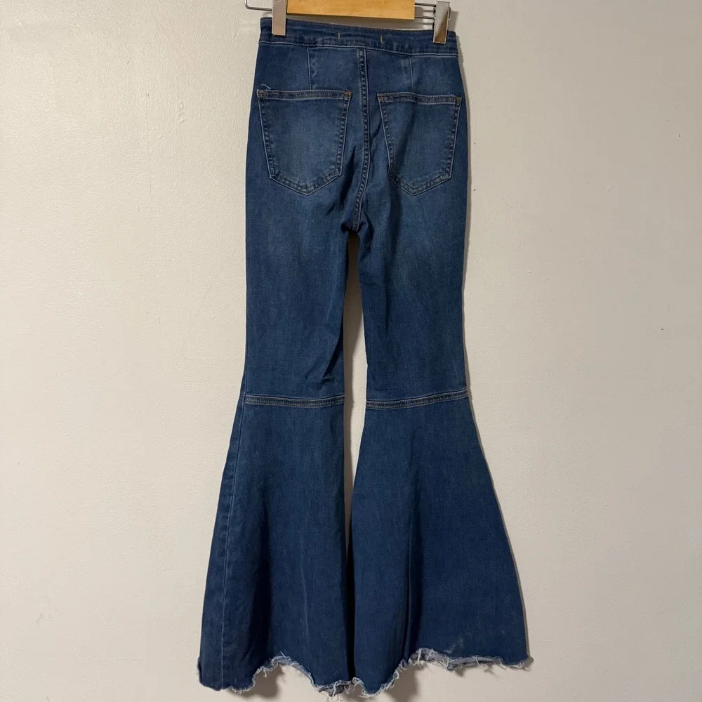 Free People Just Float On Flare Jeans Blue High Rise Bell Bottom Raw‎ Hem 24R